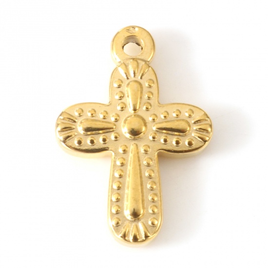 Bild von Umweltfreundliche PVD-Vakuumbeschichtung 304 Edelstahl Religiös Charms Kreuz 18K Gold plattiert 19mm x 13mm, 2 Stück