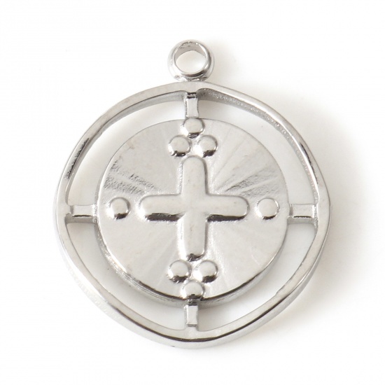 Bild von Umweltfreundlich 304 Edelstahl Religiös Charms Rund Silberfarbe Kreuz 16.5mm x 14mm, 2 Stück