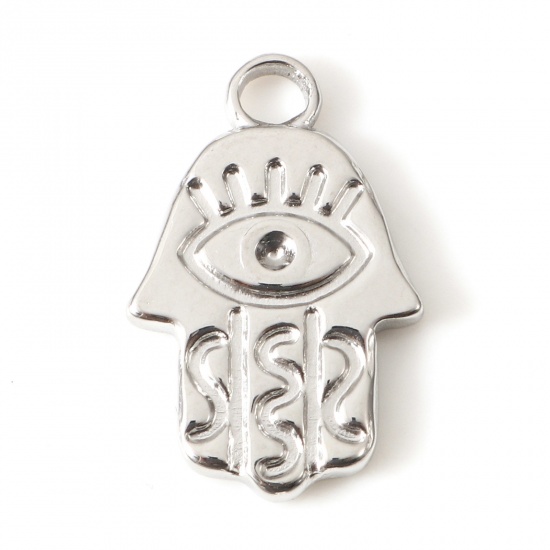 Bild von Umweltfreundlich 304 Edelstahl Religiös Charms Silberfarbe (Halten ss1 Spitzboden Strass) Hamsa Symbol Hand Cabochon Fassung 17mm x 11mm, 2 Stück