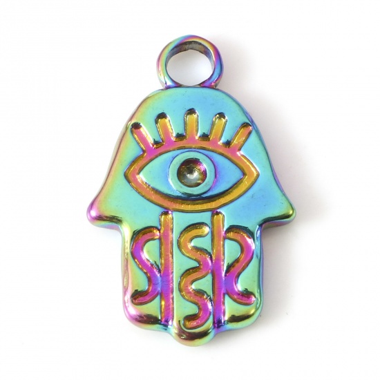 Bild von Umweltfreundliche PVD-Vakuumbeschichtung 304 Edelstahl Religiös Charms Regenbogenfarbe Plattiert (Halten ss1 Spitzboden Strass) Hamsa Symbol Hand Cabochon Fassung 17mm x 11mm, 2 Stück