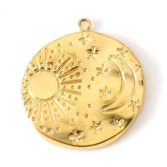 Picture of Eco-friendly Vacuum Plating 304 Stainless Steel Galaxy Charms 18K Gold Plated Round Sun & Moon 23mm x 21mm, 2 PCs