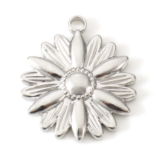 Image de Breloques en 304 Acier Inoxydable Respectueux de la Nature Marguerite Argent Mat 26mm x 22mm , 2 Pcs