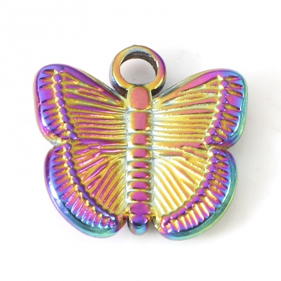 Image de Breloques en 304 Acier Inoxydable Placage sous Vide PVD Respectueux de l'Environnement Insecte Papillon Plaqué de Couleur Arc-en-ciel 13mm x 12mm , 2 Pcs