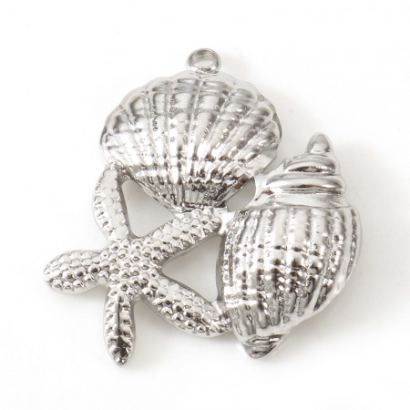 Picture of Eco-friendly 304 Stainless Steel Ocean Jewelry Charms Silver Tone Starfish Conch Sea Snail 24mm x 19mm, 2 PCs