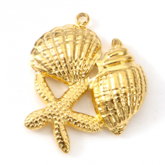 Picture of Eco-friendly Vacuum Plating 304 Stainless Steel Ocean Jewelry Charms 18K Gold Color Star Fish Conch Sea Snail 24mm x 19mm, 2 PCs
