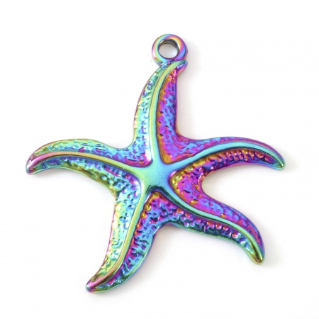 Picture of Eco-friendly PVD Vacuum Plating 304 Stainless Steel Ocean Jewelry Pendants Rainbow Color Plated Starfish 3.5mm x 3.5mm, 2 PCs