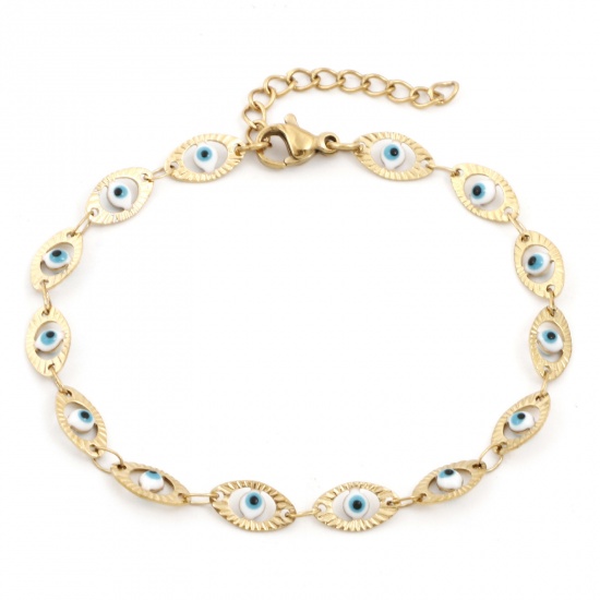 Picture of Eco-friendly Vacuum Plating 304 Stainless Steel Religious Handmade Link Chain Bracelets 18K Gold Plated White Evil Eye Enamel 17.5cm(6 7/8") long, 1 Piece