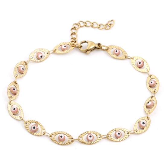 Picture of Eco-friendly Vacuum Plating 304 Stainless Steel Religious Handmade Link Chain Bracelets 18K Gold Plated Light Pink Evil Eye Enamel 17.5cm(6 7/8") long, 1 Piece