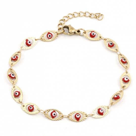 Picture of Eco-friendly Vacuum Plating 304 Stainless Steel Religious Handmade Link Chain Bracelets 18K Gold Plated Red Evil Eye Enamel 17.5cm(6 7/8") long, 1 Piece