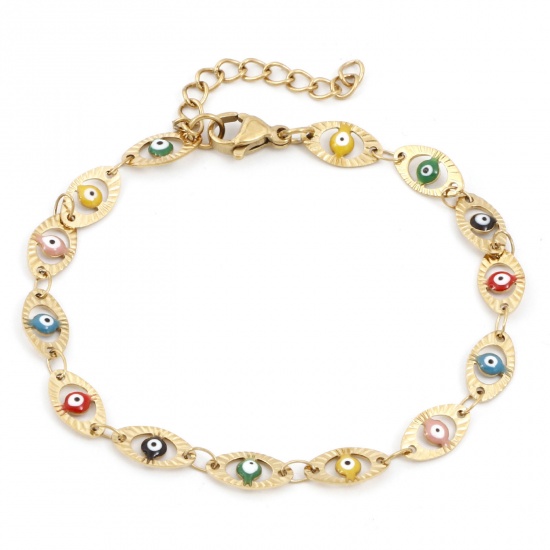 Picture of Eco-friendly Vacuum Plating 304 Stainless Steel Religious Handmade Link Chain Bracelets 18K Gold Plated Multicolor Evil Eye Enamel 17.5cm(6 7/8") long, 1 Piece