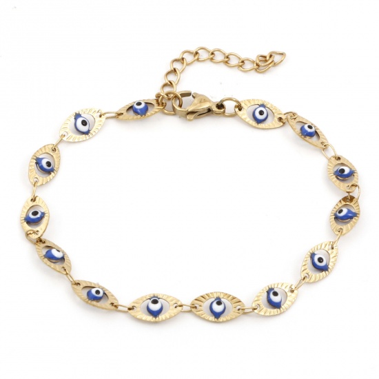 Picture of Eco-friendly Vacuum Plating 304 Stainless Steel Religious Handmade Link Chain Bracelets 18K Gold Plated Royal Blue Evil Eye Enamel 17.5cm(6 7/8") long, 1 Piece