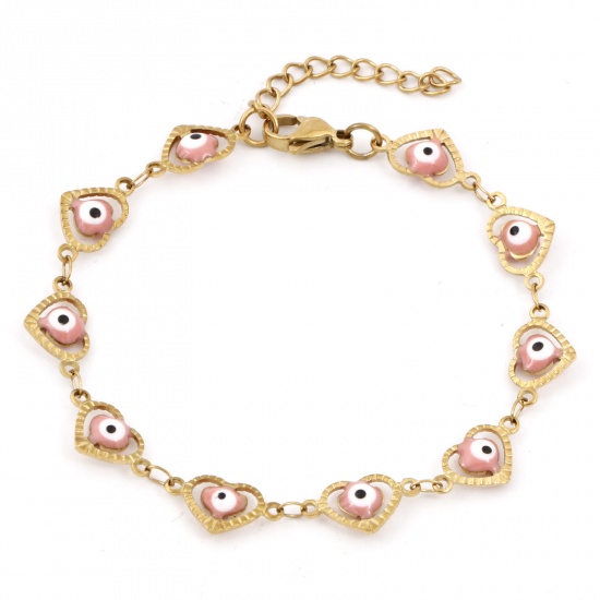 Immagine di Placcatura Sottovuoto Ecologica 304 Acciaio Inossidabile Religione Catena a Maglia Fatta a Mano Braccialetti Placcato Oro 18K Rosa Chiaro Cuore Malocchio Smalto 17.5cm Lunghezza, 1 Pz