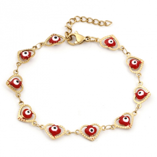 Immagine di Placcatura Sottovuoto Ecologica 304 Acciaio Inossidabile Religione Catena a Maglia Fatta a Mano Braccialetti Placcato Oro 18K Rosso Cuore Malocchio Smalto 17.5cm Lunghezza, 1 Pz