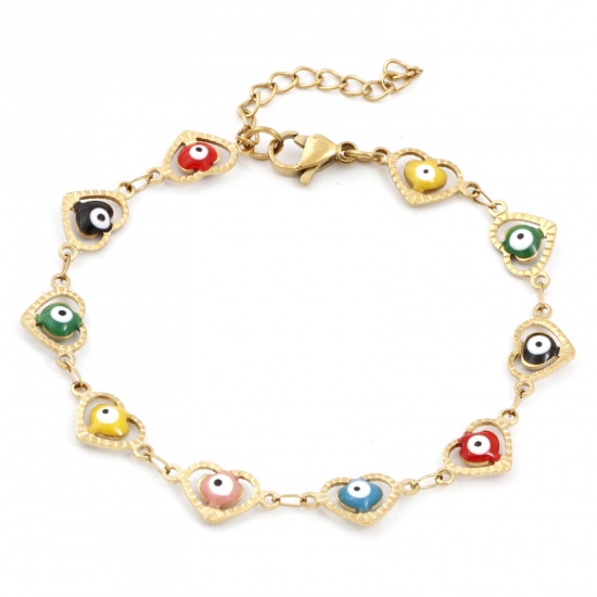 Immagine di Placcatura Sottovuoto Ecologica 304 Acciaio Inossidabile Religione Catena a Maglia Fatta a Mano Braccialetti Placcato Oro 18K Multicolore Cuore Malocchio Smalto 17.5cm Lunghezza, 1 Pz