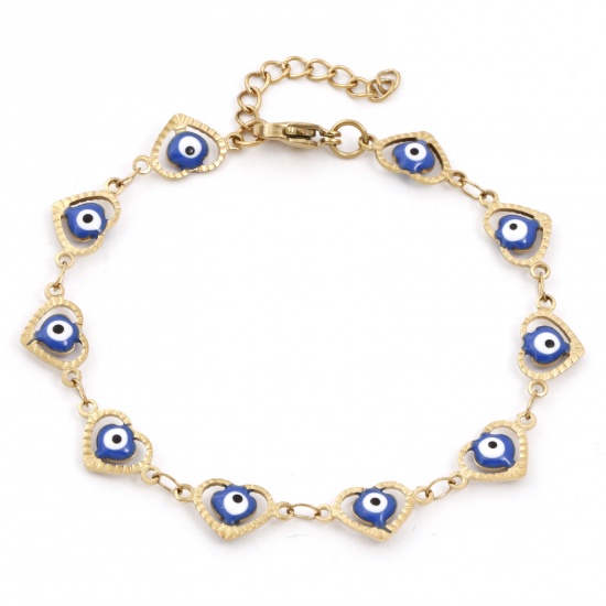 Immagine di Placcatura Sottovuoto Ecologica 304 Acciaio Inossidabile Religione Catena a Maglia Fatta a Mano Braccialetti Placcato Oro 18K Blu Marino Cuore Malocchio Smalto 17.5cm Lunghezza, 1 Pz