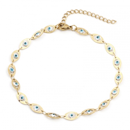 Picture of Wholesale Evil Eye White Enamel 304 Stainless Steel Handmade Link Chain Anklet, 18K Gold Plated Vacuum Plating, Women's Religious Retro Gift Jewelry Supply, 22cm(8.7") long, 1 Piece