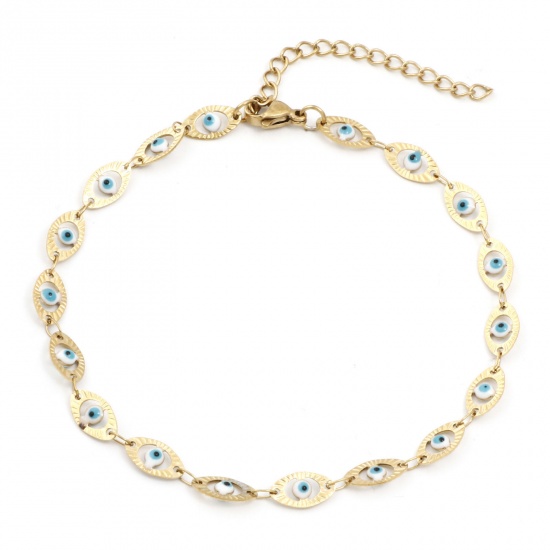 Picture of 1 Piece Vacuum Plating 304 Stainless Steel Religious Handmade Link Chain Anklet 18K Gold Plated White Enamel Evil Eye 22cm(8 5/8") long