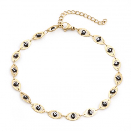 Picture of Wholesale Evil Eye Black Enamel 304 Stainless Steel Handmade Link Chain Anklet, 18K Gold Plated Vacuum Plating, Women's Religious Retro Gift Jewelry Supply, 22cm(8.7") long, 1 Piece