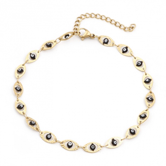 Picture of 1 Piece Vacuum Plating 304 Stainless Steel Religious Handmade Link Chain Anklet 18K Gold Plated Black Enamel Evil Eye 22cm(8 5/8") long