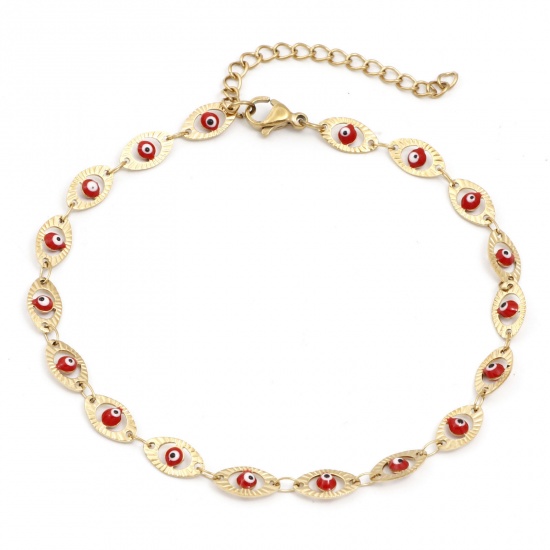 Picture of 1 Piece Vacuum Plating 304 Stainless Steel Religious Handmade Link Chain Anklet 18K Gold Plated Red Enamel Evil Eye 22cm(8 5/8") long