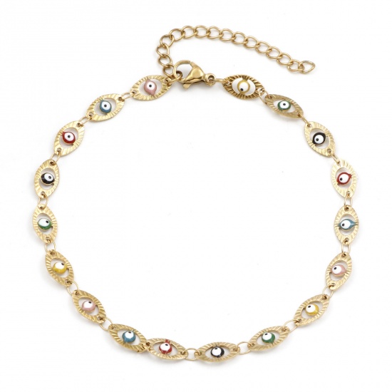 Picture of 1 Piece Vacuum Plating 304 Stainless Steel Religious Handmade Link Chain Anklet 18K Gold Plated Multicolor Enamel Evil Eye 22cm(8 5/8") long