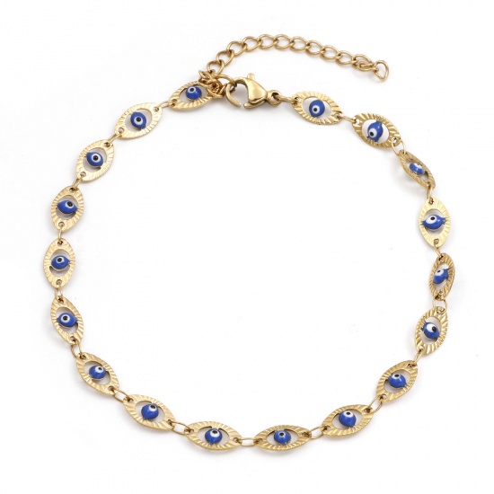 Picture of 1 Piece Vacuum Plating 304 Stainless Steel Religious Handmade Link Chain Anklet 18K Gold Plated Royal Blue Enamel Evil Eye 22cm(8 5/8") long