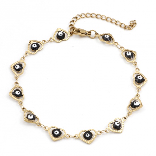 Picture of Eco-friendly Vacuum Plating 304 Stainless Steel Religious Handmade Link Chain Anklet 18K Gold Color Black Enamel Heart Evil Eye 21cm(8 2/8") long, 1 Piece
