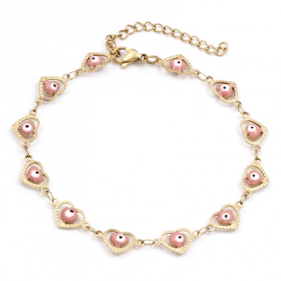 Picture of Eco-friendly Vacuum Plating 304 Stainless Steel Religious Handmade Link Chain Anklet 18K Gold Color Light Pink Enamel Heart Evil Eye 21cm(8 2/8") long, 1 Piece