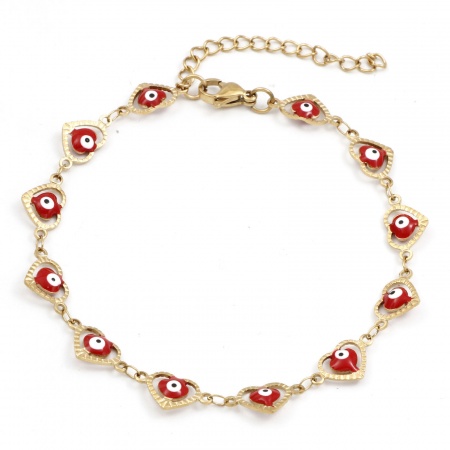 Bild von Großhandel Herz Böser Blick Evil Eye Rot Emaille 304 Edelstahl Handgefertigte Gliederkette Fußketten, 18K Vergoldet Vakuumbeschichtung, Frauen Religiös Retro Geschenk Schmuckbedarf, 21cm lang, 1 Strang