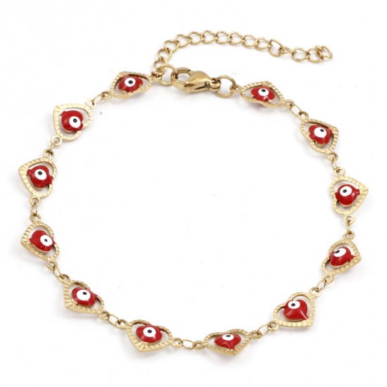 Picture of Eco-friendly Vacuum Plating 304 Stainless Steel Religious Handmade Link Chain Anklet 18K Gold Color Red Enamel Heart Evil Eye 21cm(8 2/8") long, 1 Piece