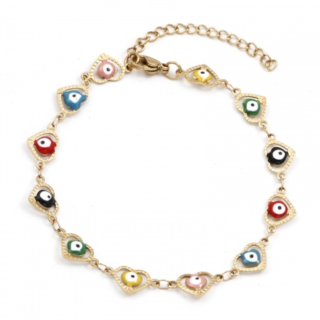 Bild von Großhandel Herz Böser Blick Evil Eye Bunt Emaille 304 Edelstahl Handgefertigte Gliederkette Fußketten, 18K Vergoldet Vakuumbeschichtung, Frauen Religiös Retro Geschenk Schmuckbedarf, 21cm lang, 1 Strang
