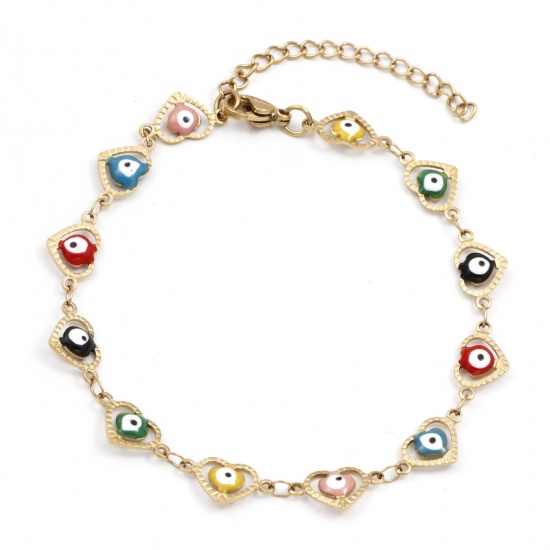 Picture of Eco-friendly Vacuum Plating 304 Stainless Steel Religious Handmade Link Chain Anklet 18K Gold Color Multicolor Enamel Heart Evil Eye 21cm(8 2/8") long, 1 Piece