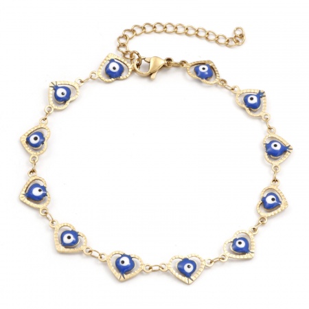 Bild von Großhandel Herz Böser Blick Evil Eye Saphirblau Emaille 304 Edelstahl Handgefertigte Gliederkette Fußketten, 18K Vergoldet Vakuumbeschichtung, Frauen Religiös Retro Geschenk Schmuckbedarf, 21cm lang, 1 Strang