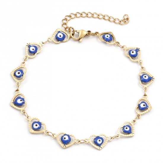 Picture of Eco-friendly Vacuum Plating 304 Stainless Steel Religious Handmade Link Chain Anklet 18K Gold Color Royal Blue Enamel Heart Evil Eye 21cm(8 2/8") long, 1 Piece