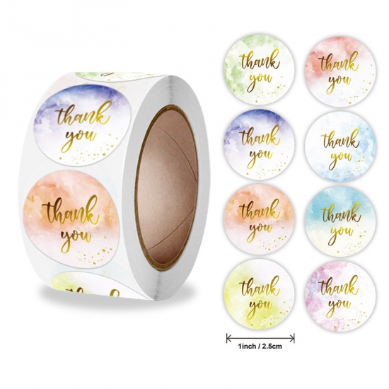 Picture of Art Paper DIY Scrapbook Deco Stickers Multicolor Round Message " THANK YOU " 25mm Dia., 1 Roll ( 500 PCs/Roll)