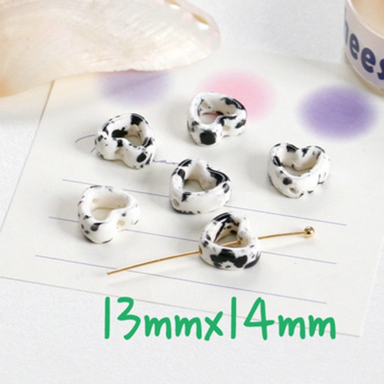 Picture of Ceramic Beads For DIY Charm Jewelry Making Heart Black & White Hollow About 14mm x 13mm, 10 PCs