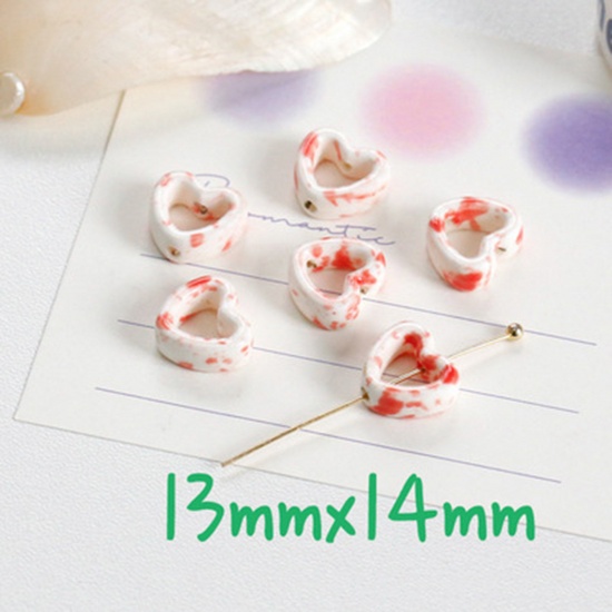 Picture of Ceramic Beads For DIY Charm Jewelry Making Heart White & Pink Hollow About 14mm x 13mm, 10 PCs