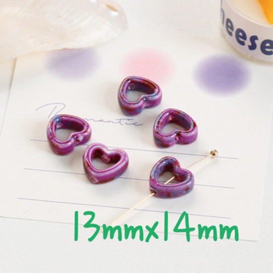 Picture of Ceramic Beads For DIY Charm Jewelry Making Heart Purple Hollow About 14mm x 13mm, 10 PCs