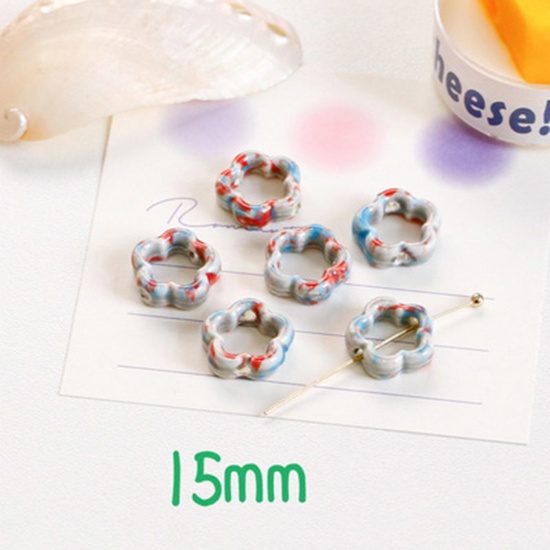 Picture of Ceramic Beads For DIY Charm Jewelry Making Flower Gray & Red Hollow About 15mm x 15mm, 10 PCs