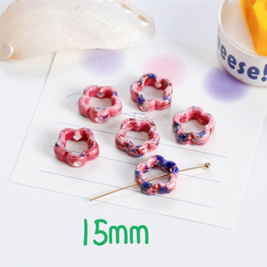 Picture of Ceramic Beads For DIY Charm Jewelry Making Flower Red & Blue Hollow About 15mm x 15mm, 10 PCs