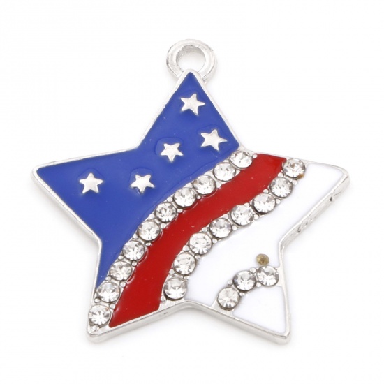 Picture of Zinc Based Alloy American Independence Day Pendants Silver Tone Red & Blue Pentagram Star Enamel Clear Rhinestone 3.1cm x 2.9cm, 5 PCs