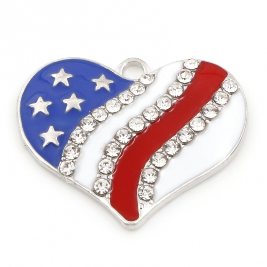 Picture of Zinc Based Alloy American Independence Day Charms Silver Tone Red & Blue Heart Enamel Clear Rhinestone 29mm x 25mm, 5 PCs