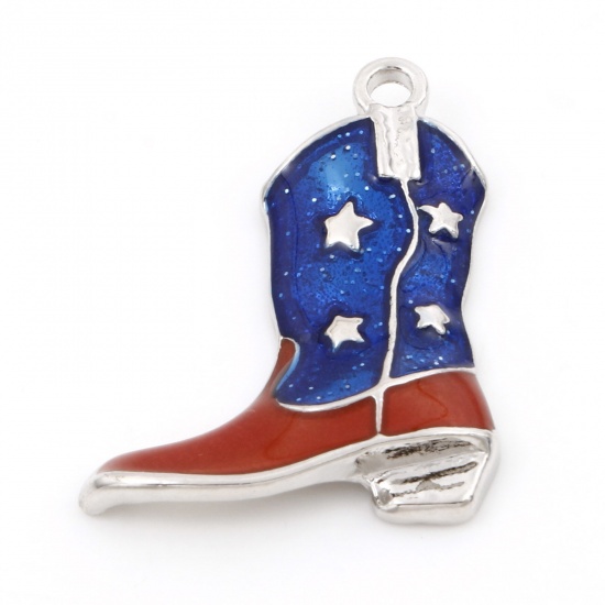 Picture of Zinc Based Alloy American Independence Day Pendants Silver Tone Red & Blue Boots Enamel 3.1cm x 2.4cm, 5 PCs