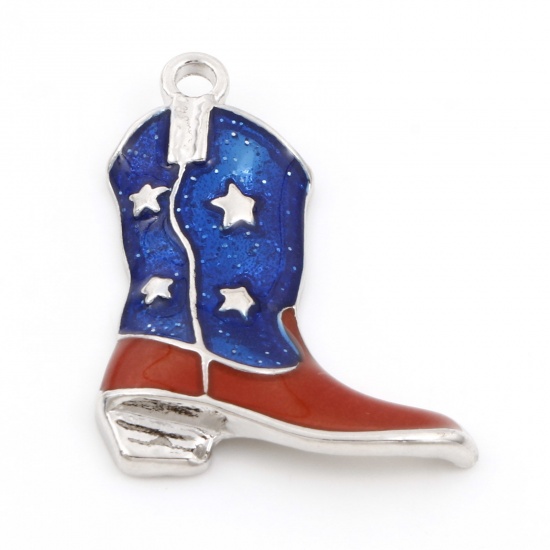 Picture of Zinc Based Alloy American Independence Day Pendants Silver Tone Red & Blue Boots Enamel 3.1cm x 2.4cm, 5 PCs