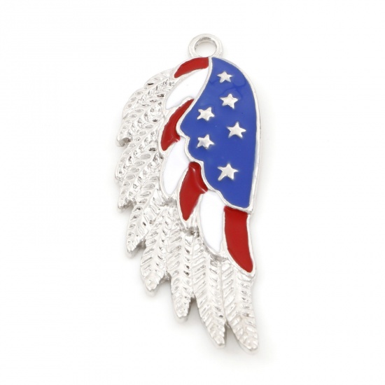 Picture of Zinc Based Alloy American Independence Day Pendants Silver Tone White & Blue Wing Enamel 4.8cm x 1.9cm, 5 PCs