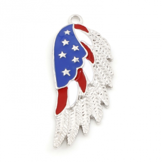 Picture of Zinc Based Alloy American Independence Day Pendants Silver Tone Red & Blue Wing Enamel 4.9cm x 1.9cm, 5 PCs