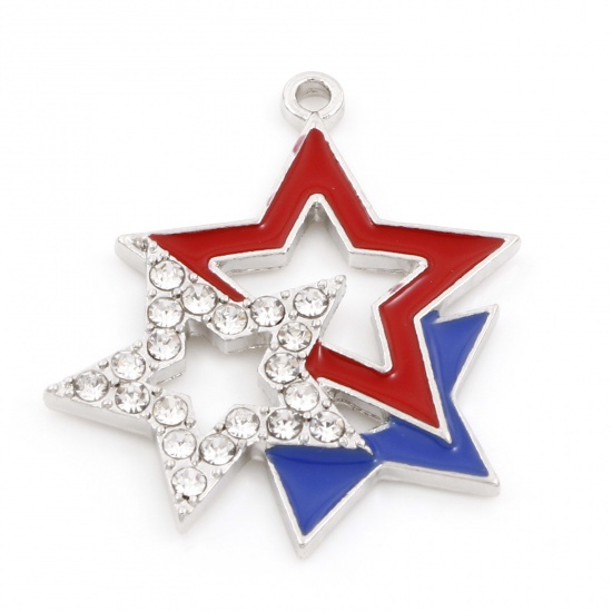 Picture of Zinc Based Alloy American Independence Day Pendants Silver Tone Red & Blue Pentagram Star Enamel Clear Rhinestone 3.2cm x 2.7cm, 5 PCs