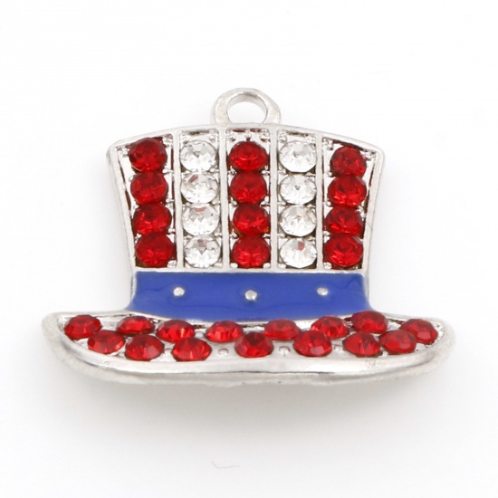 Picture of Zinc Based Alloy American Independence Day Charms Silver Tone Blue Hat Enamel Clear & Red Rhinestone 23mm x 23mm, 5 PCs
