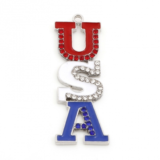 Picture of Zinc Based Alloy American Independence Day Pendants Silver Tone Red & Blue Message " USA " Enamel Clear & Red Rhinestone 4.9cm x 1.8cm, 5 PCs