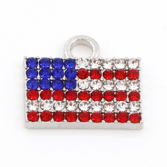 Picture of Zinc Based Alloy American Independence Day Charms Silver Tone National Flag Enamel Red & Blue Rhinestone 17mm x 15mm, 5 PCs